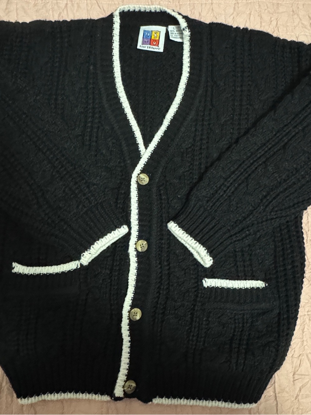 Vintage Black Cardigan Sweater with White Trim
